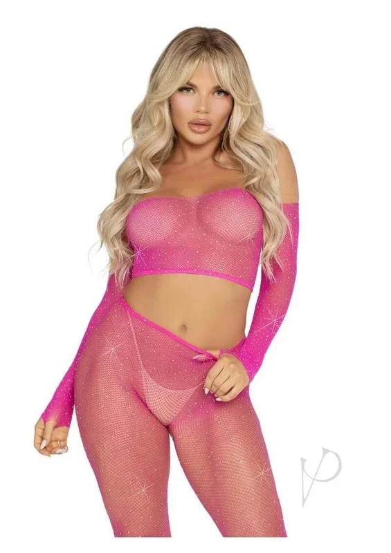 Leg Avenue Rhinestone Fishnet Crop Top and Tights Pink OS