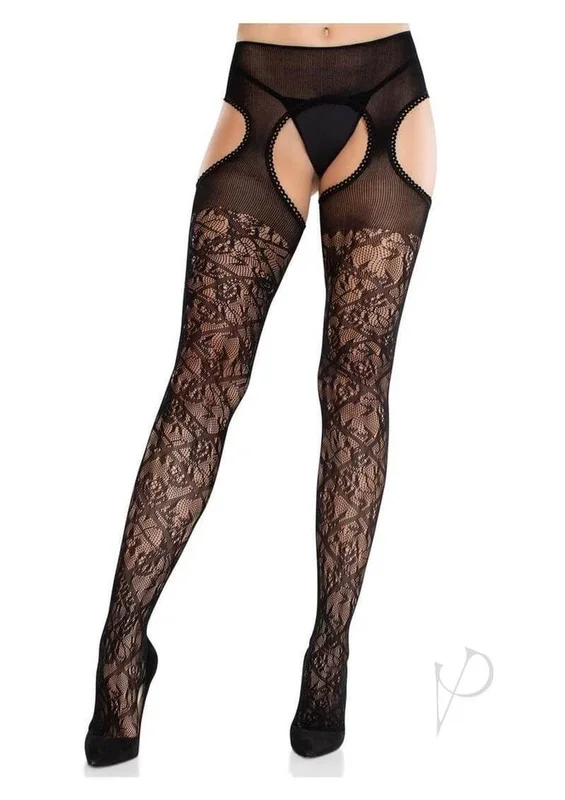 Leg Avenue Scalloped Trimmed Cross Hatch Floral Lace Suspender Hose – Black – O/S