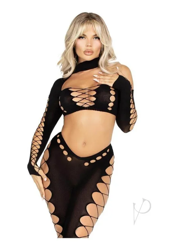 Leg Avenue Seamless Asymmetrical Cut Out Crop Top and Footless Tights – Black – O/S