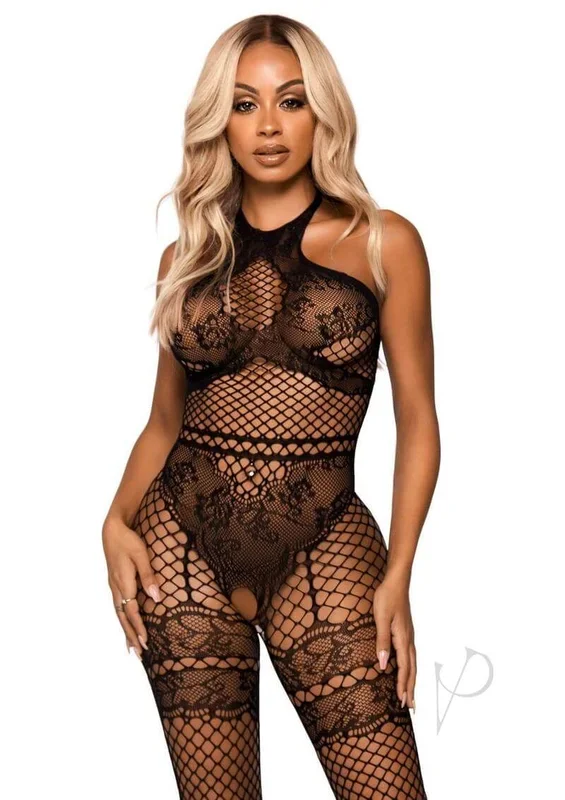 Leg Avenue Seamless Industrial Net Halter Bodystocking Black