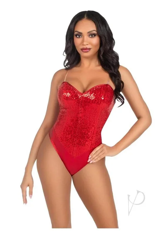 Leg Avenue Sequin Boned Snap Crotch Bodysuit with Detachable Clear Strap (2 Piece) – Small – Red