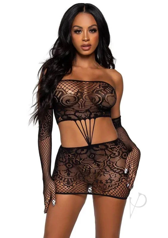 Leg Avenue Strappy Lace Tube Dress and Matching Gloves Black