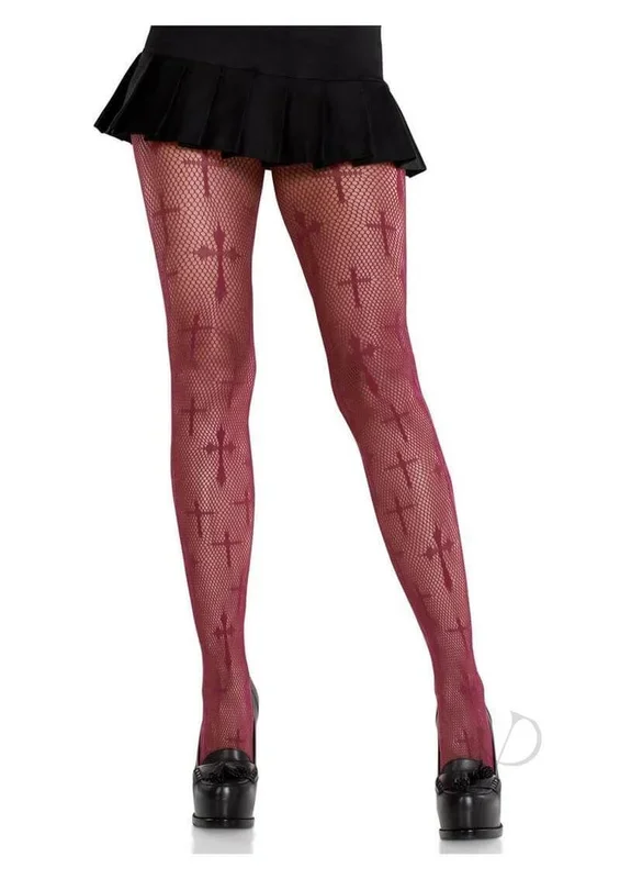 Leg Avenue Worship Me Cross Net Tights – Burgundy – O/S