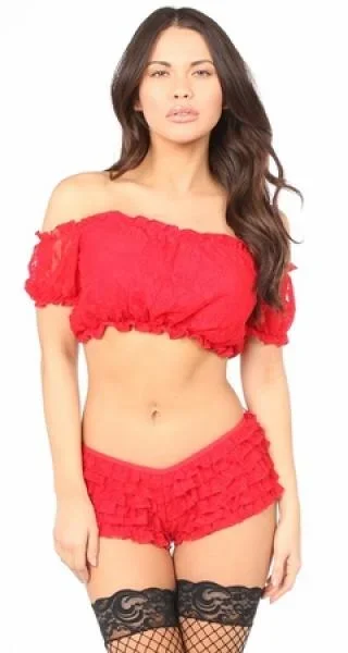 Lined Lace Short Sleeve Peasant Top – Red – One Size