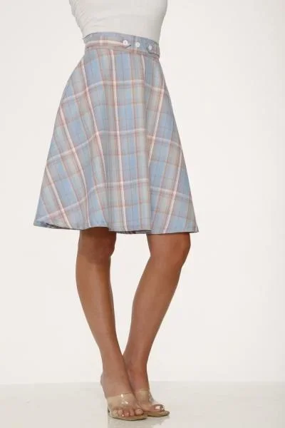 Long Plaid Skirt with Pockets – Light Blue –