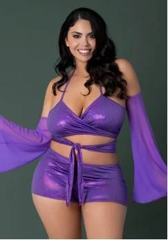 Magic Silk Glimmer Wrap Bralette, Booty Shorts & Sleeve Set Purple Disco Queen Size