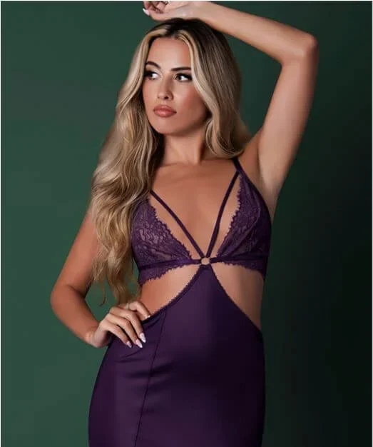 Magic Silk Leather & Lace Lace Cup Chemise & Thong Set Plum L/XL