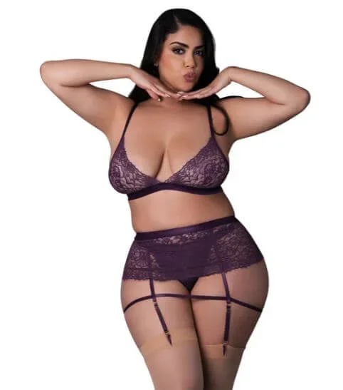 Magic Silk Leather and Lace Bralette, Garter Skirt and Thong Set Plum Queen Size