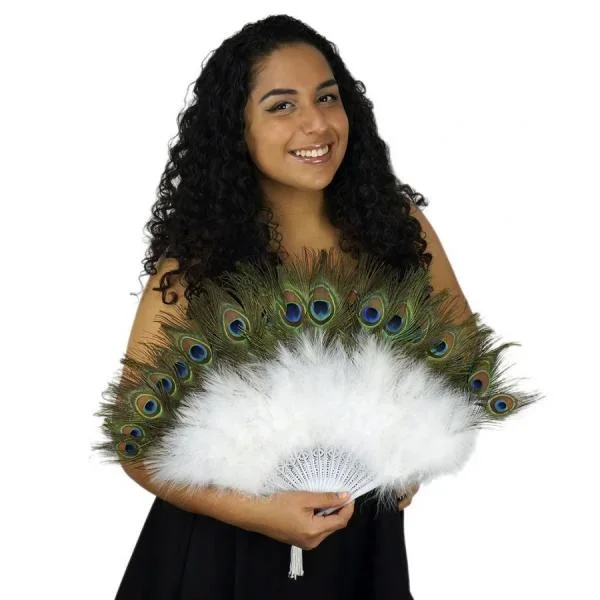 Marabou Peacock Feather Fan – White