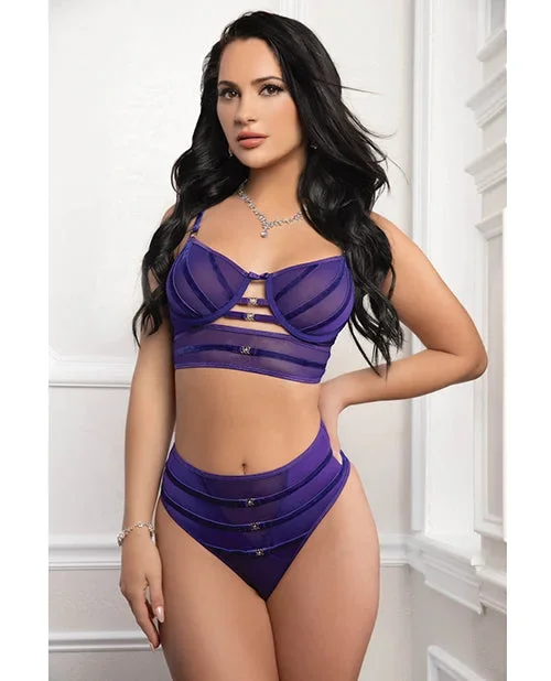 Mesh Underwire Bra 2 pc Set with Velour Accents – Purple O/S