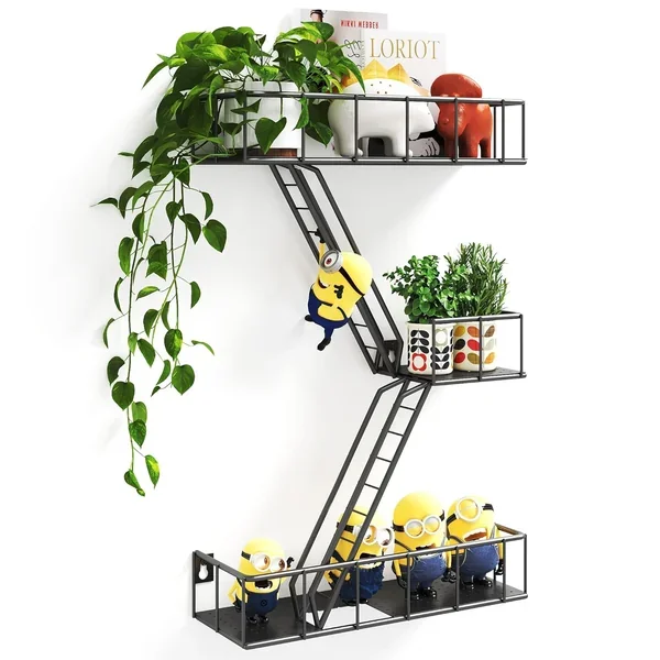 Metal Fire Escape Ladder Shelf Wall Storage, 3-Tier Black Fire Escape Wall She