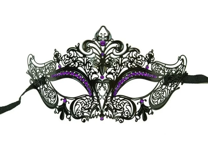 Metal Venetian Mask with Purple Eye Crystals – Black