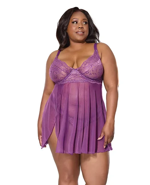 Metallic Stretch Lace & Mesh Babydoll w/Thong – Purple 1X/2X
