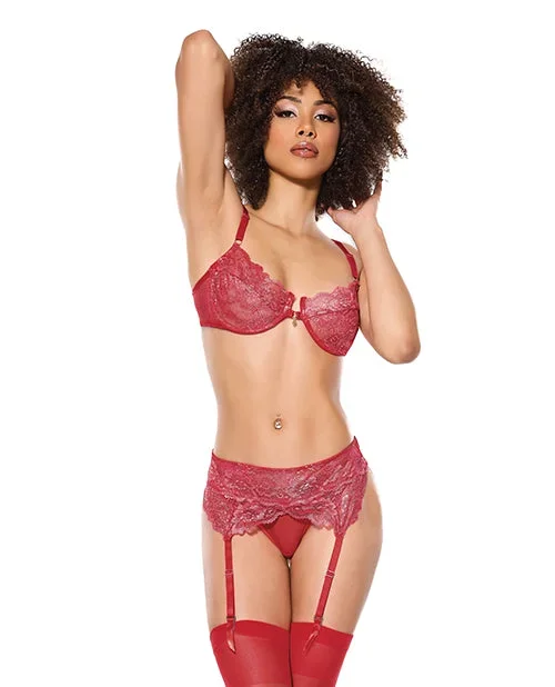 Metallic Stretch Lace Underwire Bra w/Crotchless Garter Panty – Red LG