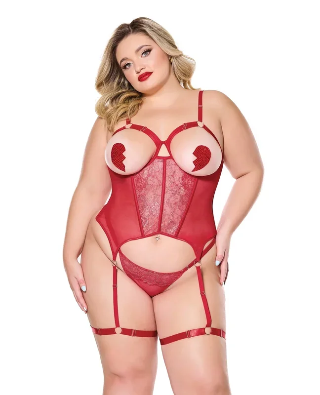 Metallic Stretch Scallop Lace and Mesh Bustier with Thong – Red 1X/2X