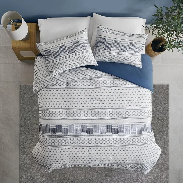 Modern Navy Bedding, Blue Full / Queen Farmhouse Comforter Set, Cotton Top Wit