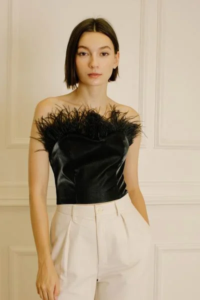 Monochromatic Feather Corset Top – Black –