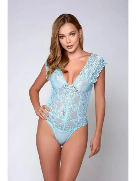 Natalia Lace Bodysuit with Deep Plunge – Light Blue –