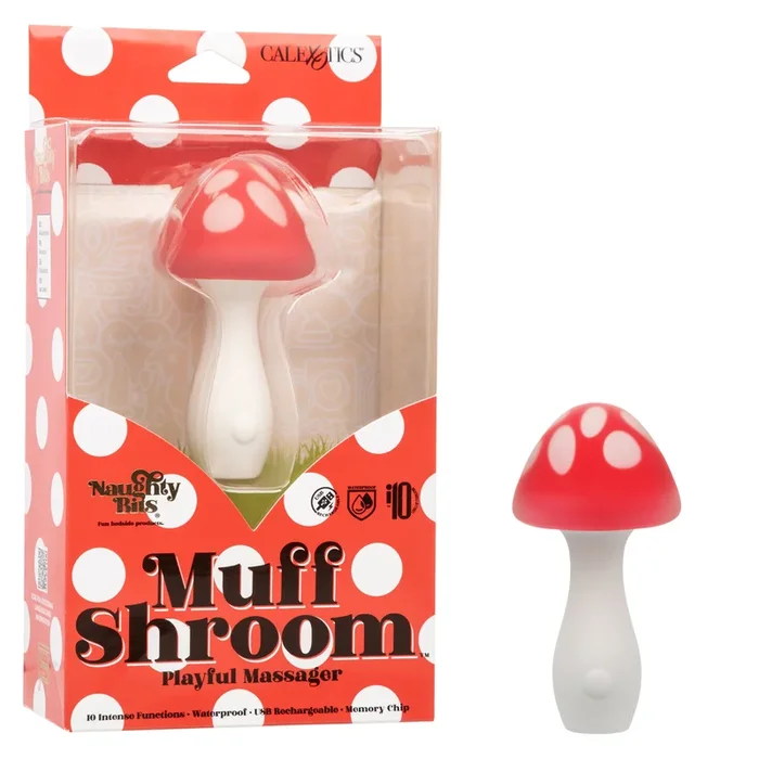 Naughty Bits Muff Shroom Playful Massager Red and White Silicone 10 Intense Functions Waterproof