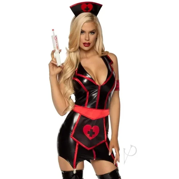 Naughty Nurse Wet Look 4pc Md Blk/red