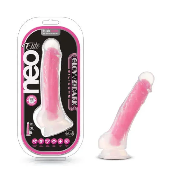 Neo Elite Glow In The Dark 7.5 inches Silicone Cock with Balls Neon Pink
