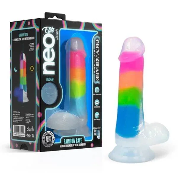 Neo Elite Glow in the Dark Rainbow Rave 6.5″ Dildo – Dual-Density Silicone with Suction Cup