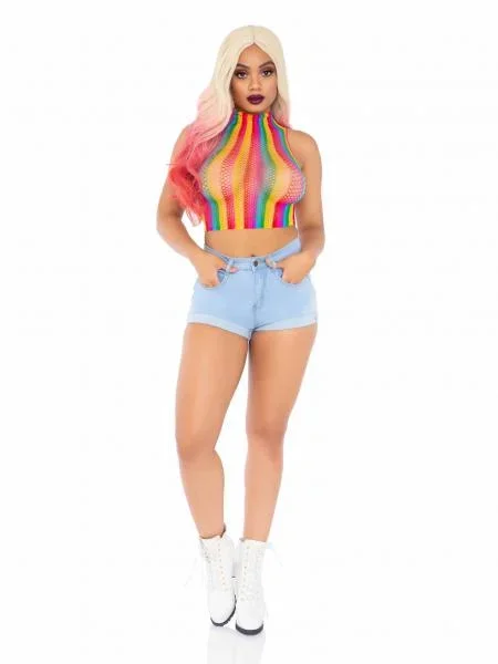Net High Neck Crop Top – Rainbow – One Size
