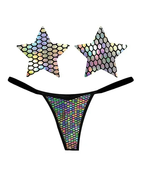 Neva Nude Naughty Knix Mirrored Mayhem Holographic G-string & Pasties – Black One Size Fits Most