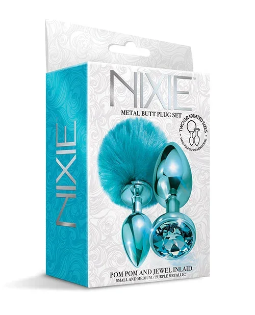 Nixie Metal Butt Plug Set w/Jewel Inlaid & Pom Pom – Blue Metallic