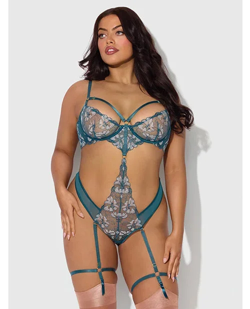Nova Lace Teddy w/Garters – Jade Blue 3X/4X
