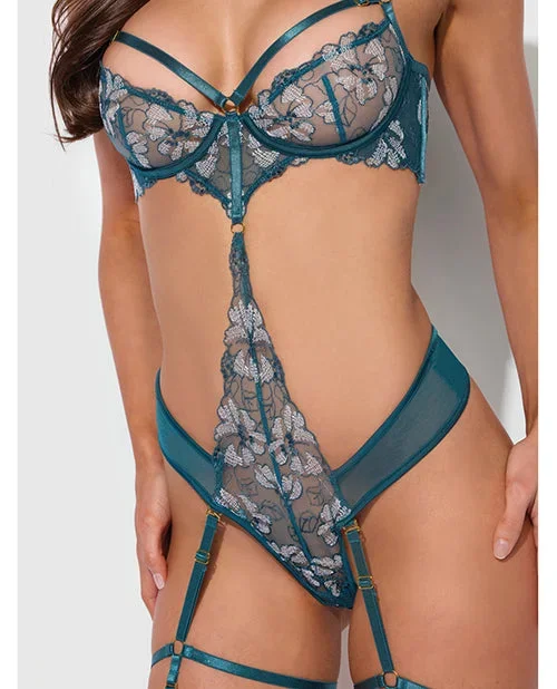 Nova Lace Teddy w/Garters – Jade Blue SM