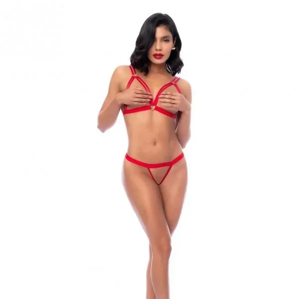 Open Bra and G-String with Heart Hardwear Details – Red –
