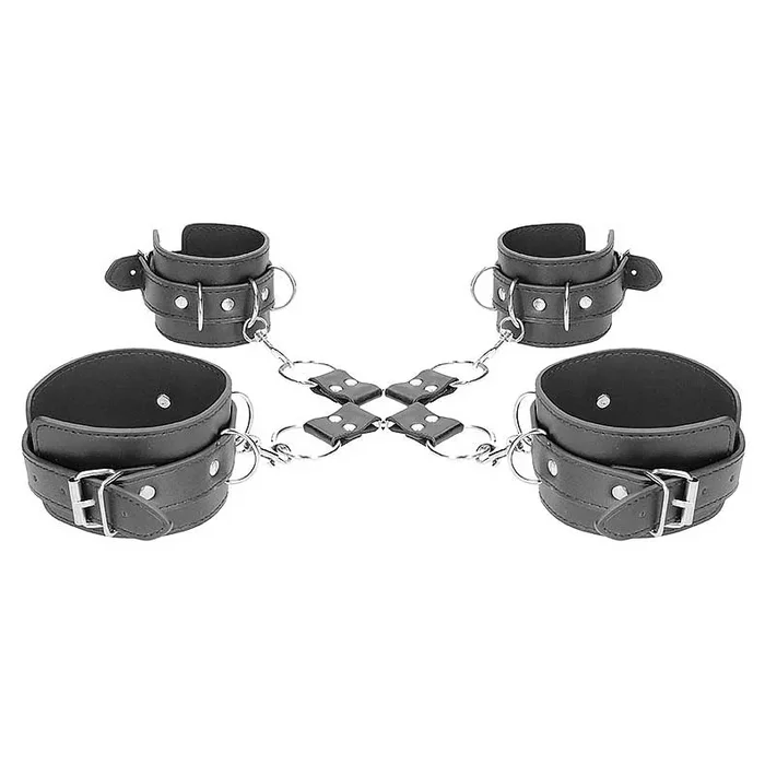 Ouch! Black & White Bonded Leather Hogtie With Hand and Ankle Cuffs