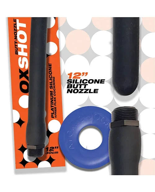 Oxballs Oxshot 12″ Silicone Butt Nozzle w/Flex Cockring – Black/Blue