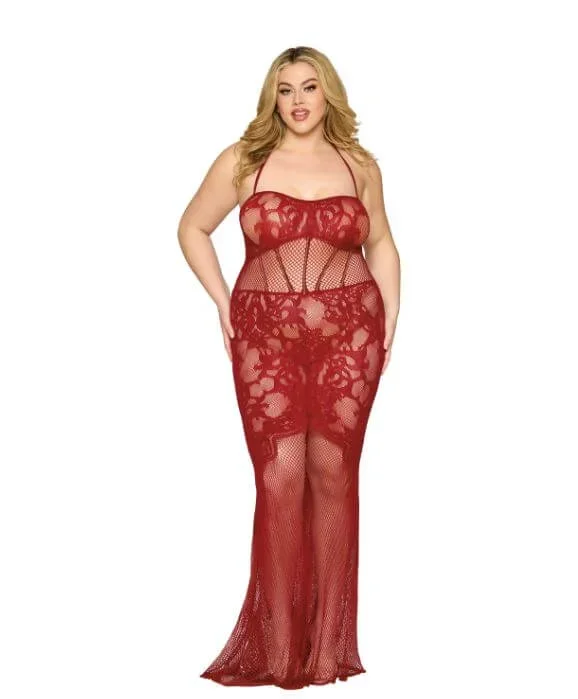 Oxblood Lace Bodystocking Gown with Rhinestone Embellishments – Plus Size (Q/S)