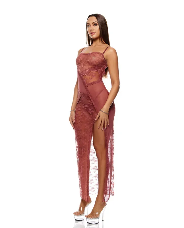 Patch of Petals Sheer Mesh and Lace Gown w/Thong 2 pc Set – Mauve LG