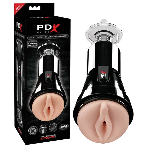 PDX Elite Cock Compressor Vibrating Stroker – Flesh USB Rechargeable Vibrating Pussy Stroker with Suction Base