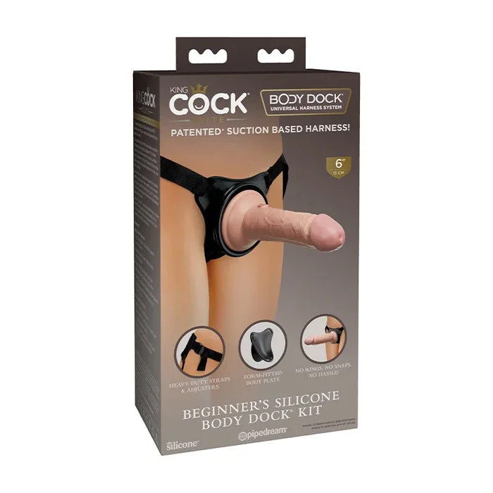 Pipedream King Cock Elite Beginner’s Silicone Body Dock Kit With 6 in. Realistic Suction Cup Dildo Beige/Black