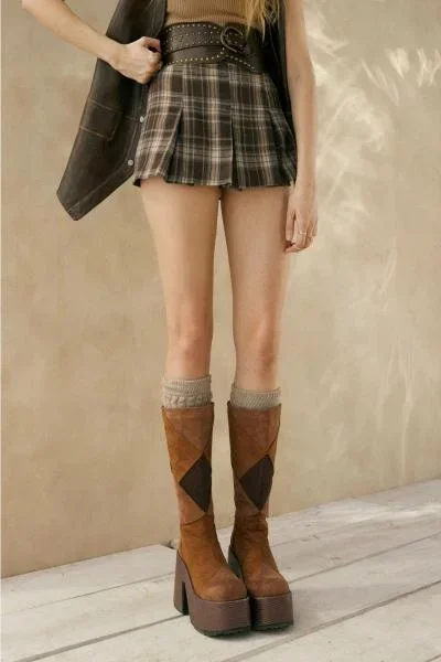Plaid Flannel Pleated Mini Skort – Brown –