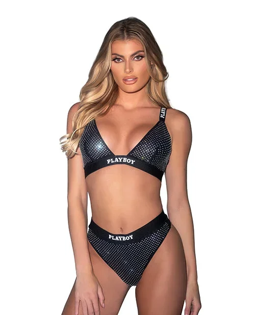 Playboy Disco Fever Rhinestone Bralette w/Thong 2 pc Set – Black SM