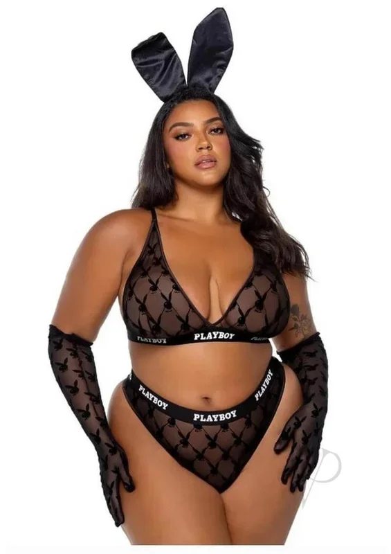 Playboy Flocked Bunny Bra Set 2 XL Black