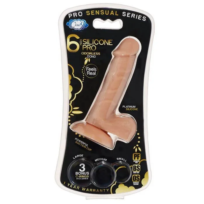 Pro Sensual Premium Silicone Dong with 3 Bonus C-Rings – 6 Inches, Tan, Suction Cup Base