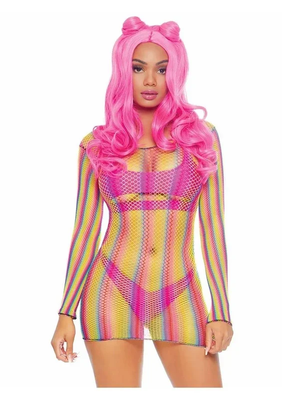 Rainbow Fishnet Long Sleeve Mini Dress