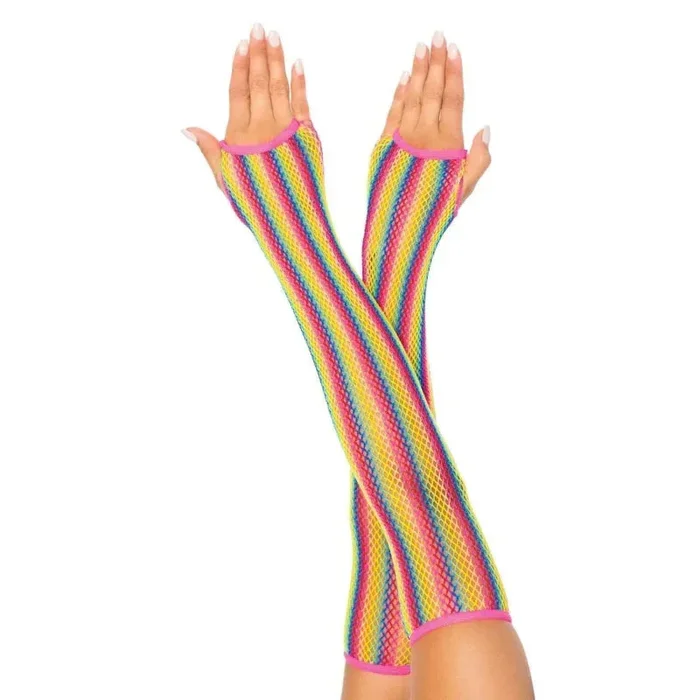Rainbow Net Fingerless Arm Warmer Gloves – One Size – Multicolor
