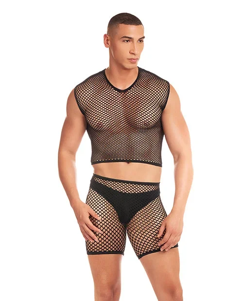Rainbow Party Net-Bula Large Mesh Long Brief 3 pc Set w/Thong – Black L/XL