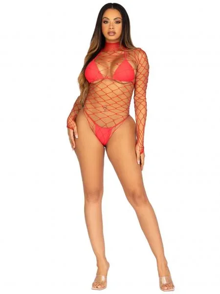 Red – Wide Net High Neck Bodysuit – One Size