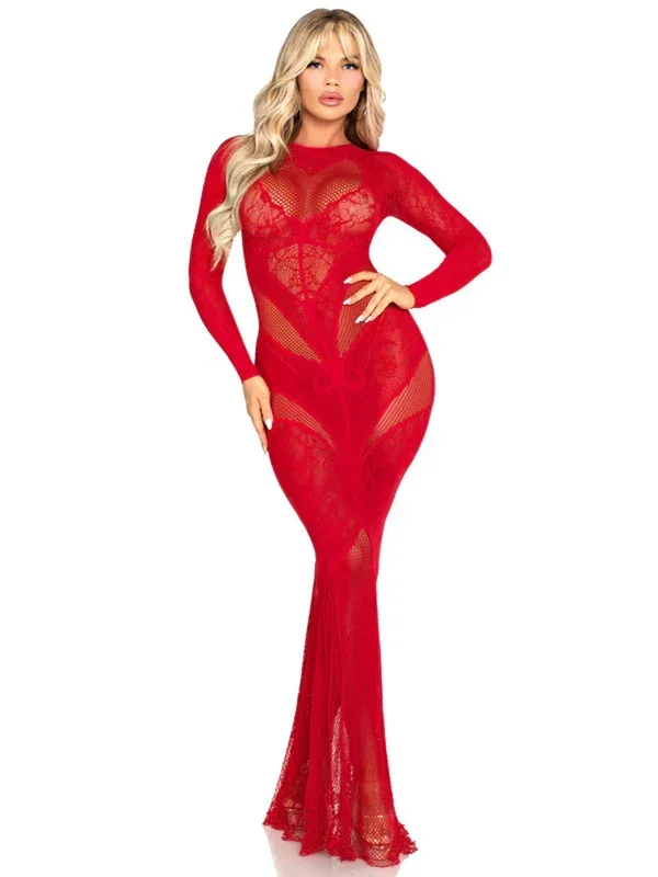 Red Lace and Net Body Con Gown – With Heart Keyhole Detail – Os