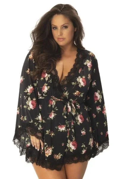 Reina Butterfly Sleeve Robe – Black/Floral – Size