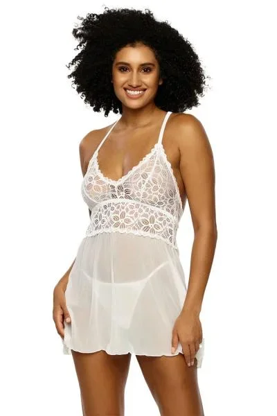 Renee Lace and Mesh Babydoll – White –