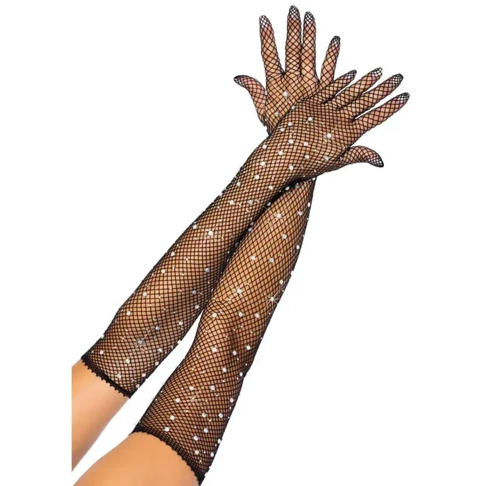 Rhinestone Fishnet Long Gloves – Black